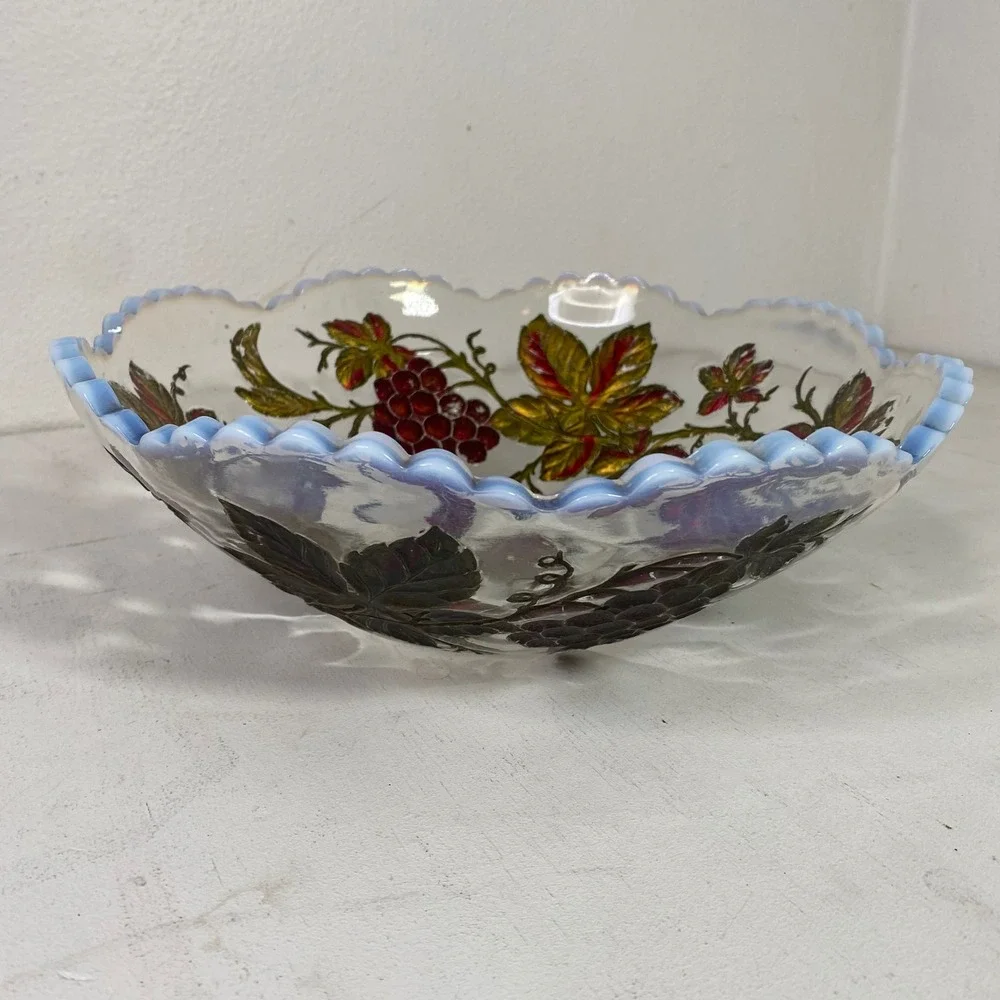 Vintage Dugan Goofus Painted Grape Glass Bowl Milk Glass Scalloped Edge 11